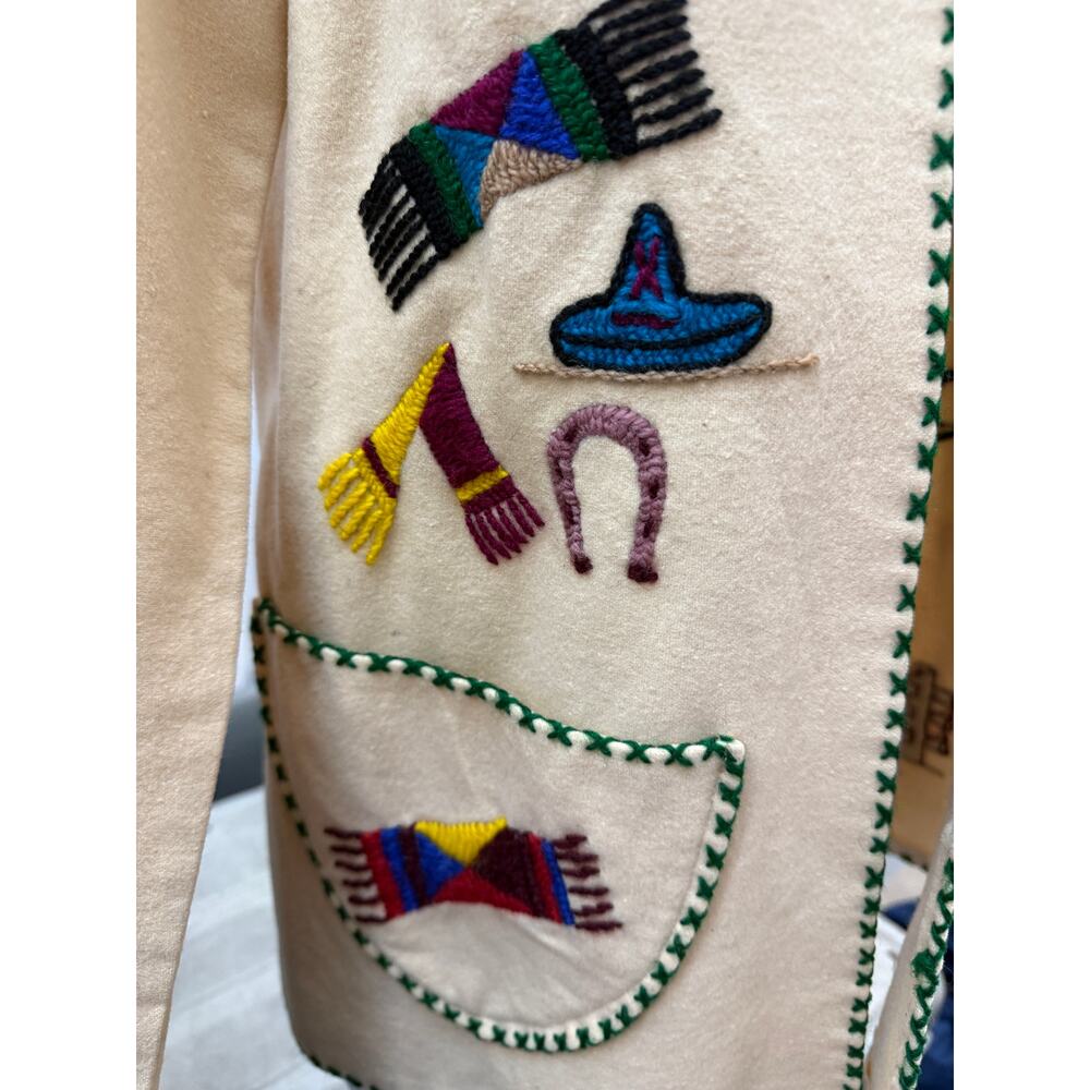 🧥 Vintage Lopez M Wool Jacket Cream Southwestern Embroidered Western Boho Coat - Picture 7 of 8